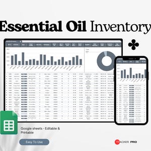 Könnte beinhalten: Eine digitale Vorlage für das ätherische Öl-Inventar, die auf einem Tablet und Smartphone angezeigt wird. Das Tablet zeigt eine detaillierte Tabelle mit Datenvisualisierungen, während das Telefon eine vereinfachte Version anzeigt. Der Text lautet "Essential Oil Inventory".