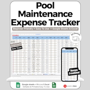 May include: A digital pool maintenance expense tracker displayed on a laptop and smartphone. The title "Pool Maintenance Expense Tracker" is at the top. The tracker is designed for Google Sheets and Excel, and is beginner-friendly. The image includes the text "Stay Organized! Save Time!"