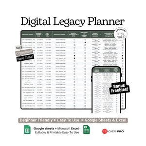 Digital Legacy Planner Google Sheets Template, Online Accounts, Passwords, Instructions and End-of-Life Digital Asset Organizer, Excel