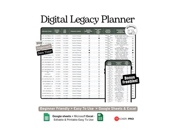 Digital Legacy Planner Google Sheets Template, Online Accounts, Passwords, Instructions and End-of-Life Digital Asset Organizer, Excel