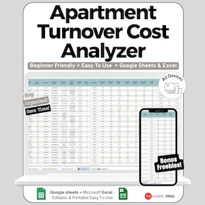 Spreadsheet voor appartementenwisselingen in Google Sheets en Excel, bijhouden van leegstandskosten, reparatiebewaking en winstdashboard.