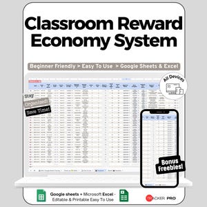 Peut inclure: Un système de récompense numérique pour la classe affiché sur un ordinateur portable et un smartphone. Le texte "Classroom Reward Economy System" est en haut. Le système est "Facile à utiliser" avec Google Sheets et Excel. Comprend des "Bonus gratuits!"