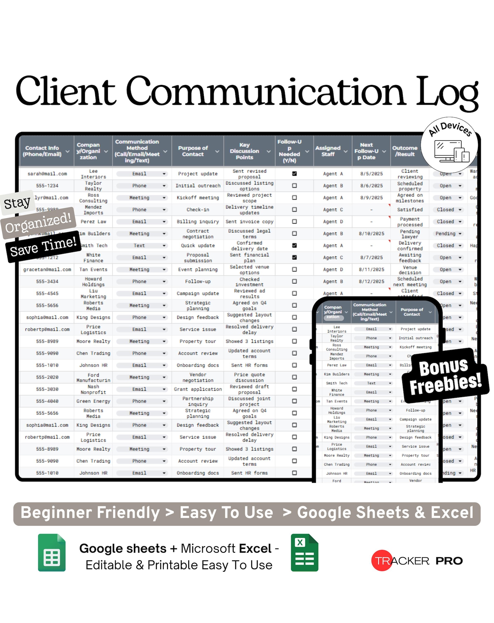 Client Communication Log Google Sheets Template (client Calls, Emails ...