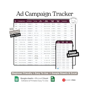 Paid Ad Campaign ROI and A/B Testing Tracker Google Sheets Template, Ad Spend, ROI Analysis and Split Test Log Spreadsheet, Microsoft Excel