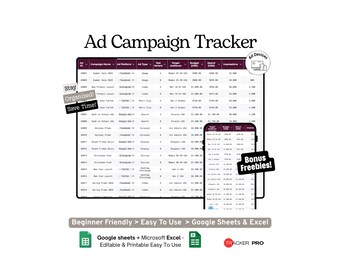 Paid Ad Campaign ROI and A/B Testing Tracker Google Sheets Template, Ad Spend, ROI Analysis and Split Test Log Spreadsheet, Microsoft Excel