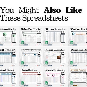 K&ouml;nnte beinhalten: Ein Bild mit einer Auswahl an Tabellenkalkulationsvorlagen, darunter "Communication Log" und "Sales Tax Tracker", die auf Computerbildschirmen und Smartphones angezeigt werden. Der Text oben lautet "You Might Also Like These Spreadsheets."