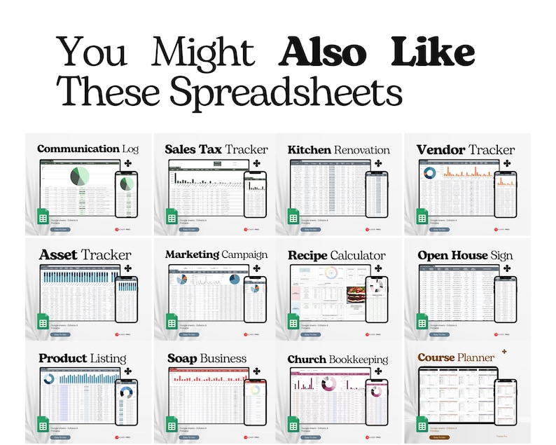 K&ouml;nnte beinhalten: Ein Bild mit einer Auswahl an Tabellenkalkulationsvorlagen, darunter "Communication Log" und "Sales Tax Tracker", die auf Computerbildschirmen und Smartphones angezeigt werden. Der Text oben lautet "You Might Also Like These Spreadsheets."