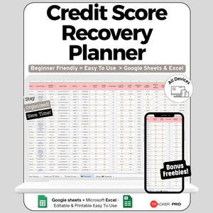 Credit Score Tracker Spreadsheet Google Sheets Template, Credit Repair Action Plan & Debt Payment Log, Score Milestone Money Reset Plan