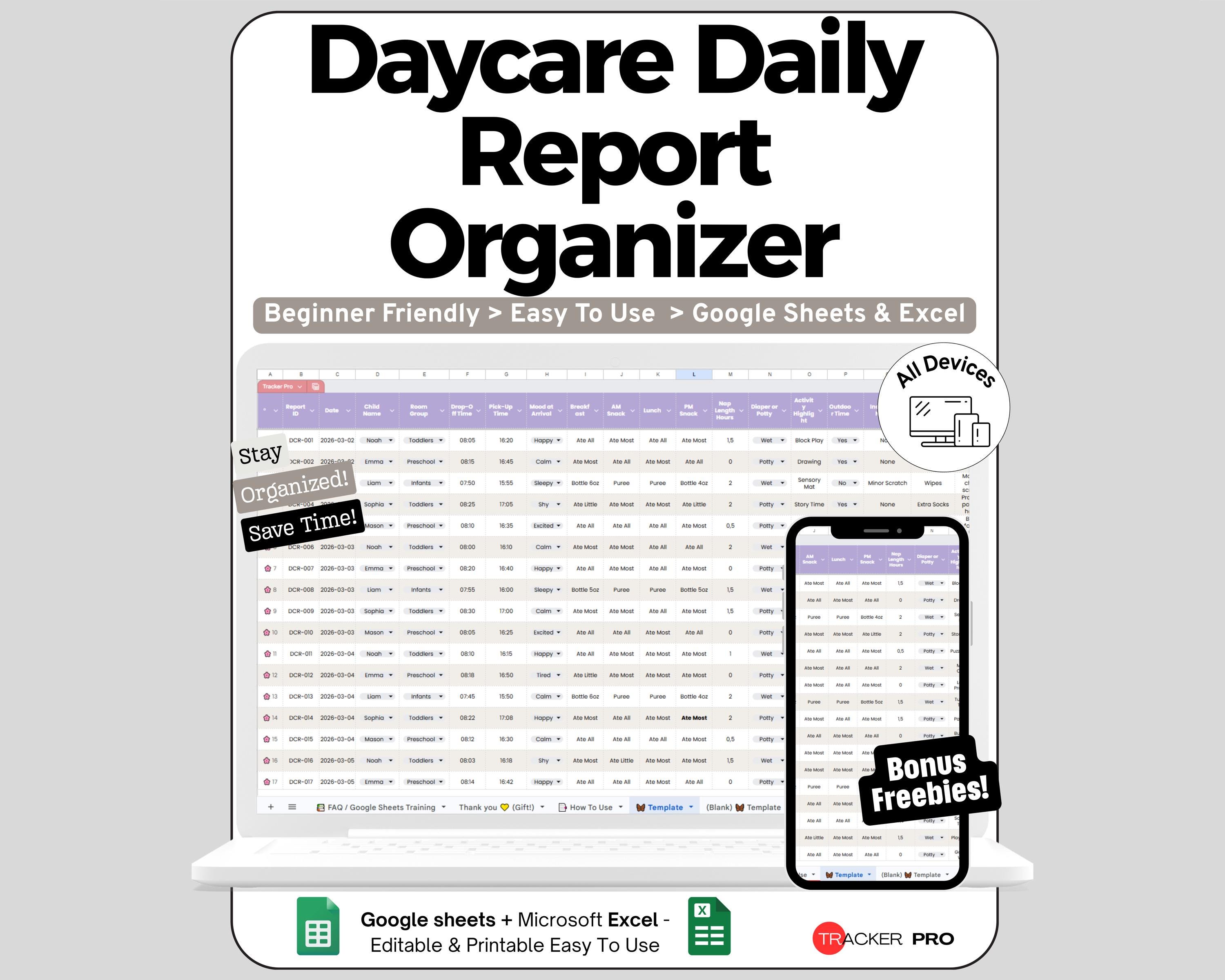 Daycare Tracker Spreadsheet for Google Sheets and Excel Daily Report ...