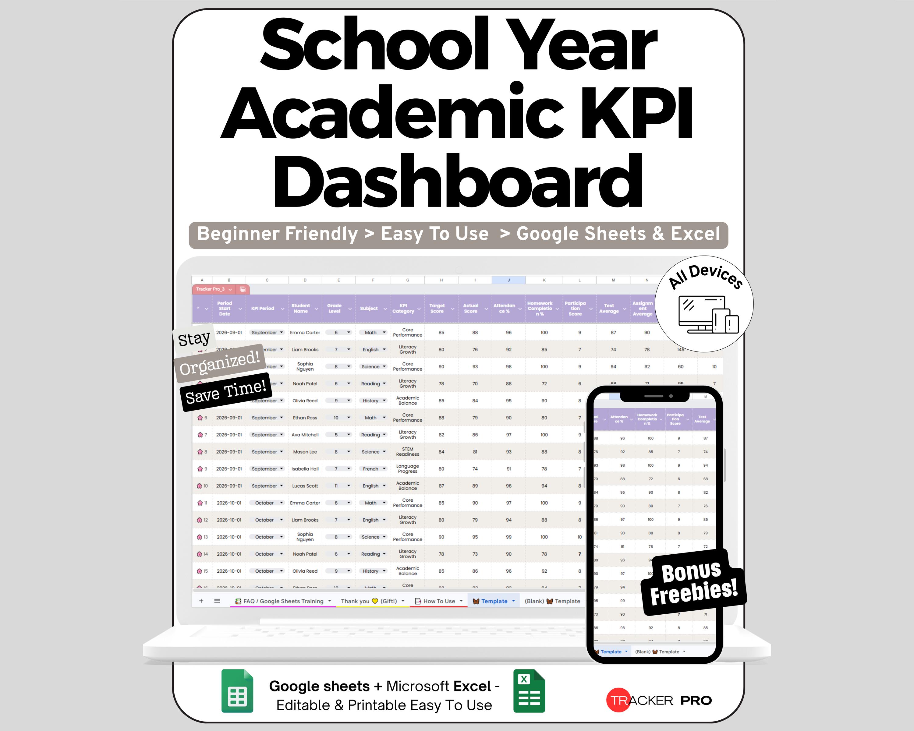 Academic KPI Spreadsheet for Google Sheets and Excel Grade Attendance ...