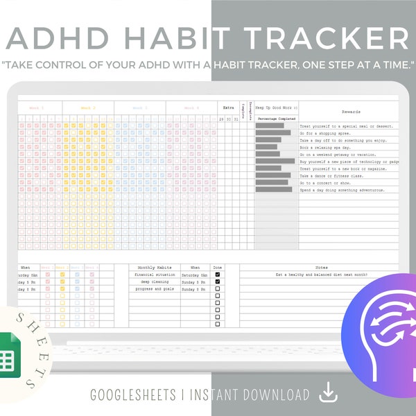 ADHD Habit Tracker Spreadsheet Google Sheets Template, Habit Planner, Daily, Weekly, Monthly, Year Goal Tracker, 2023 Habit Tracker,