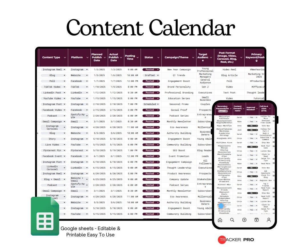 Content Calendar and Posting Schedule Google Sheets Template (social ...