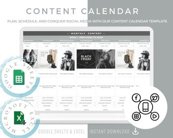 Content Planner Google Sheets, Social Media Content Calendar, Social Media Marketing Planner, Editable and Customizable, Instant Download