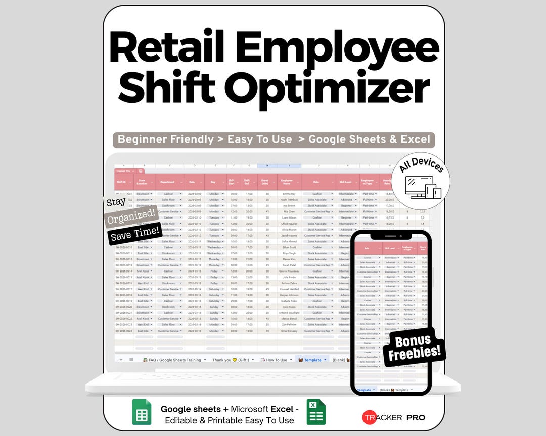 Shift Schedule Spreadsheet for Google Sheets and Excel Employee ...