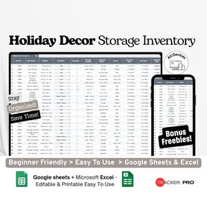 Holiday Decor Storage Inventory Google Excel, Christmas Decoration Tracker, Seasonal Decor Storage Bin Checklist, Google Sheets Template