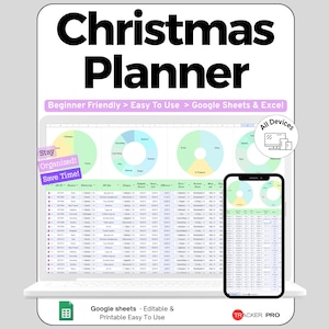 Peut inclure: Un planificateur de Noël numérique affiché sur un écran d'ordinateur portable et de smartphone. L'interface présente des graphiques circulaires colorés, des tableaux de données et du texte incluant "Beginner Friendly", "Easy To Use", "Google Sheets & Excel".
