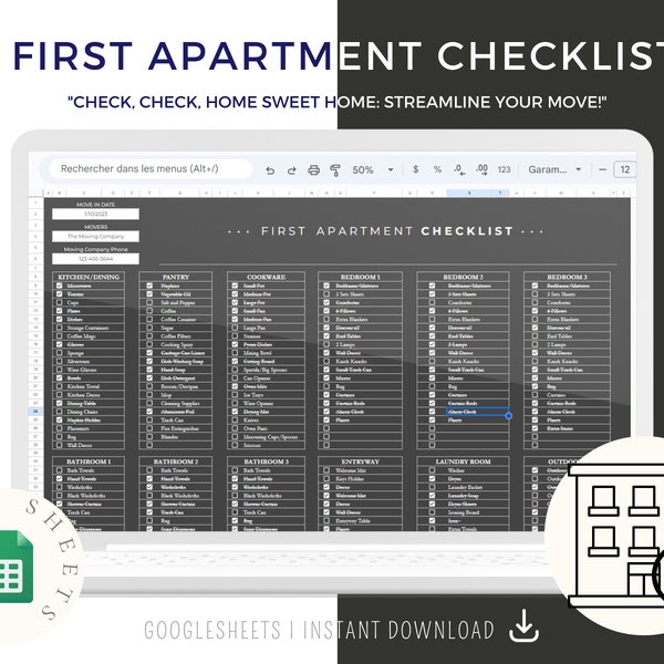 First Apartment Planner Template Excel Spreadsheet, Our First Apartment Checklist Google Sheets, Apartment Inventory, Apartment Essentials