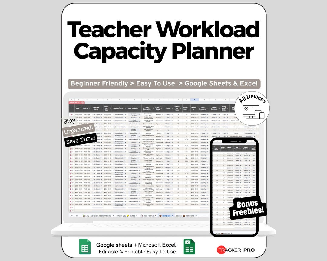 Teacher Workload Spreadsheet for Google Sheets and Excel Task Tracking ...