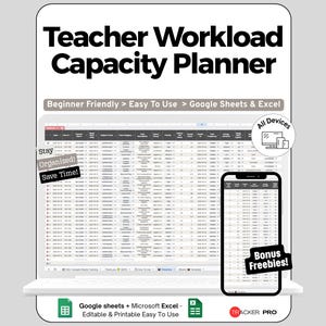 Hoja de cálculo de carga de trabajo docente para Google Sheets y Excel. Seguimiento de tareas. Monitoreo del agotamiento y panel de planificación.
