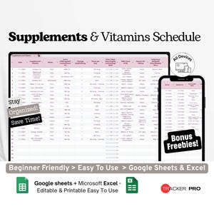 Supplements & Vitamins Schedule Google Sheets, Daily Nutrient Intake Log, Pill Organizer Tracker, Supplement Schedule Google Sheets Sheet