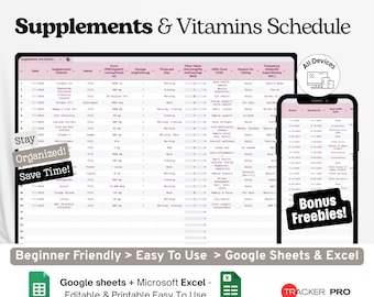 Supplements & Vitamins Schedule Google Sheets, Daily Nutrient Intake Log, Pill Organizer Tracker, Supplement Schedule Google Sheets Sheet