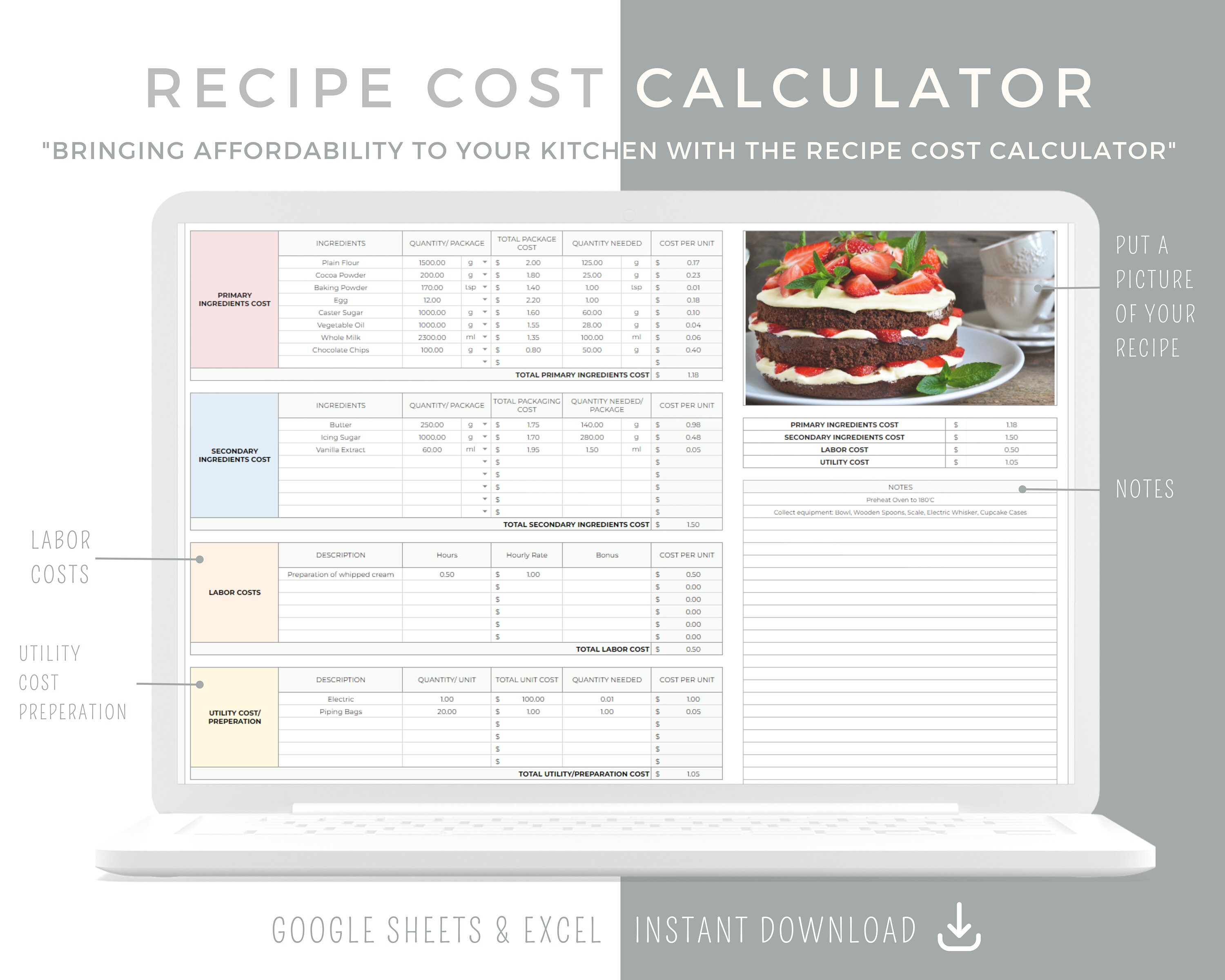 Recipe Cost Calculator for Cooking & Baking, Google Sheets Excel ...