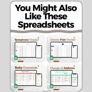 K&ouml;nnte beinhalten: Eine digitale Grafik mit dem Text &bdquo;Das k&ouml;nnte Ihnen auch gefallen: Diese Tabellen&ldquo;. Darunter befinden sich vier digitale Tabellenvorlagen: Symptome Tracker, Chronic Pain Tracker, Baby Essentials und Change of Address.