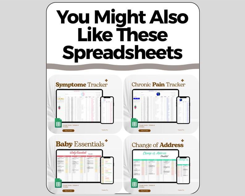 K&ouml;nnte beinhalten: Eine digitale Grafik mit dem Text &bdquo;Das k&ouml;nnte Ihnen auch gefallen: Diese Tabellen&ldquo;. Darunter befinden sich vier digitale Tabellenvorlagen: Symptome Tracker, Chronic Pain Tracker, Baby Essentials und Change of Address.