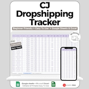 May include: A digital dropshipping tracker displayed on a laptop and smartphone. The tracker is designed for Google Sheets and Excel, with the text "Beginner Friendly > Easy To Use." The image includes the text "Stay Organized! Save Time!"