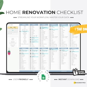 Lista de verificación de remodelación de viviendas, renovación de cocinas, renovación de baños, lista de verificación de diseño de interiores Hojas de Google de Excel, hoja de cálculo de renovación de viviendas