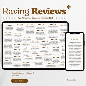 May include: A digital graphic with the text "Raving Reviews" and "See Why Our Customers Love Us!" displayed on a tablet and a smartphone. The tablet and smartphone screens show customer reviews. The graphic also includes the text "Google sheets - Editable & Printable" and "Easy To Use" and "Tracker Pro".