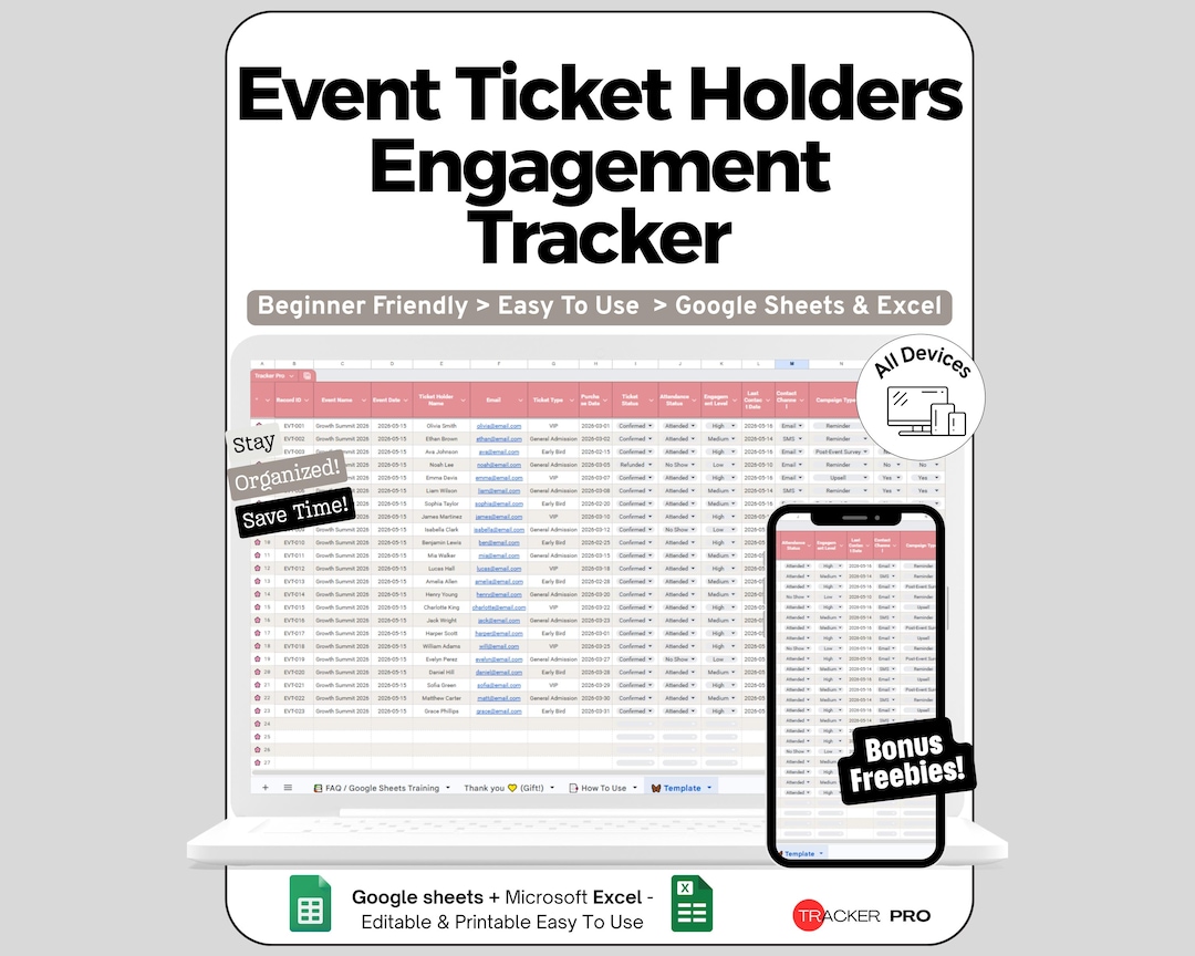 Event Engagement Spreadsheet for Google Sheets and Excel Attendee ...