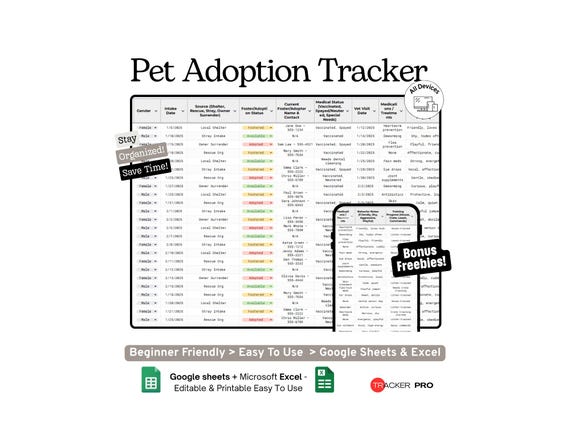 Pet Adoption and Fostering Tracker Google Sheets Template (Animal Shelter, Pet Foster Care and Adoption Application Log Spreadsheet)