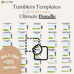 Puede incluir: Imagen promocional de plantillas de vasos, con una variedad de diseños que incluyen estilos skinny, mason jar y latas de refresco. El texto dice "Tumblers Templates" y "Ultimate Bundle", con la opción de editar con Canva.