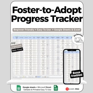 Puede incluir: Una hoja de cálculo digital de seguimiento de progreso Foster-to-Adopt mostrada en una pantalla de portátil y smartphone. La interfaz incluye columnas para rastrear detalles de agencias, fechas y estados. El texto incluye "Beginner Friendly", "Stay Organized!", "Save Time!", "All Devices", "Bonus Freebies!" y "Google Sheets + Microsoft Excel".