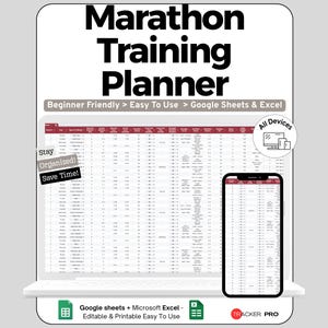 Puede incluir: Un planificador digital de entrenamiento de maratón que se muestra en una computadora portátil y un teléfono inteligente. El planificador está diseñado para Google Sheets y Excel, con el texto "Marathon Training Planner" en la parte superior. El texto adicional incluye "Beginner Friendly > Easy To Use" y "All Devices."