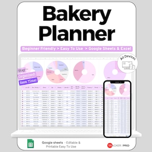 Peut inclure: Un planificateur de boulangerie numérique affiché sur un écran d'ordinateur portable et de smartphone. L'interface présente des graphiques circulaires et des tableaux de données pour le suivi des dépenses et des stocks. Le texte inclut Bakery Planner, Beginner Friendly, Easy To Use, Google Sheets & Excel, Stay Organized, Save Time, All Devices et Tracker Pro.