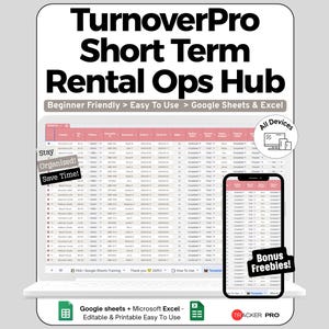 Peut inclure: Maquette de produit numérique avec un ordinateur portable et un smartphone affichant une feuille de calcul. Le texte indique "TurnoverPro Short Term Rental Ops Hub" et "Beginner Friendly > Easy To Use > Google Sheets & Excel." Le texte supplémentaire comprend "Stay Organized! Save Time!"