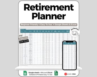 Könnte beinhalten: Eine digitale Rentenplaner-Tabelle auf einem Laptop- und Smartphone-Bildschirm. Die Benutzeroberfläche zeigt Spalten zur Finanzverfolgung mit den Texten Beginner Friendly, Easy To Use, Google Sheets & Excel, Stay Organized, Save Time und Tracker Pro.