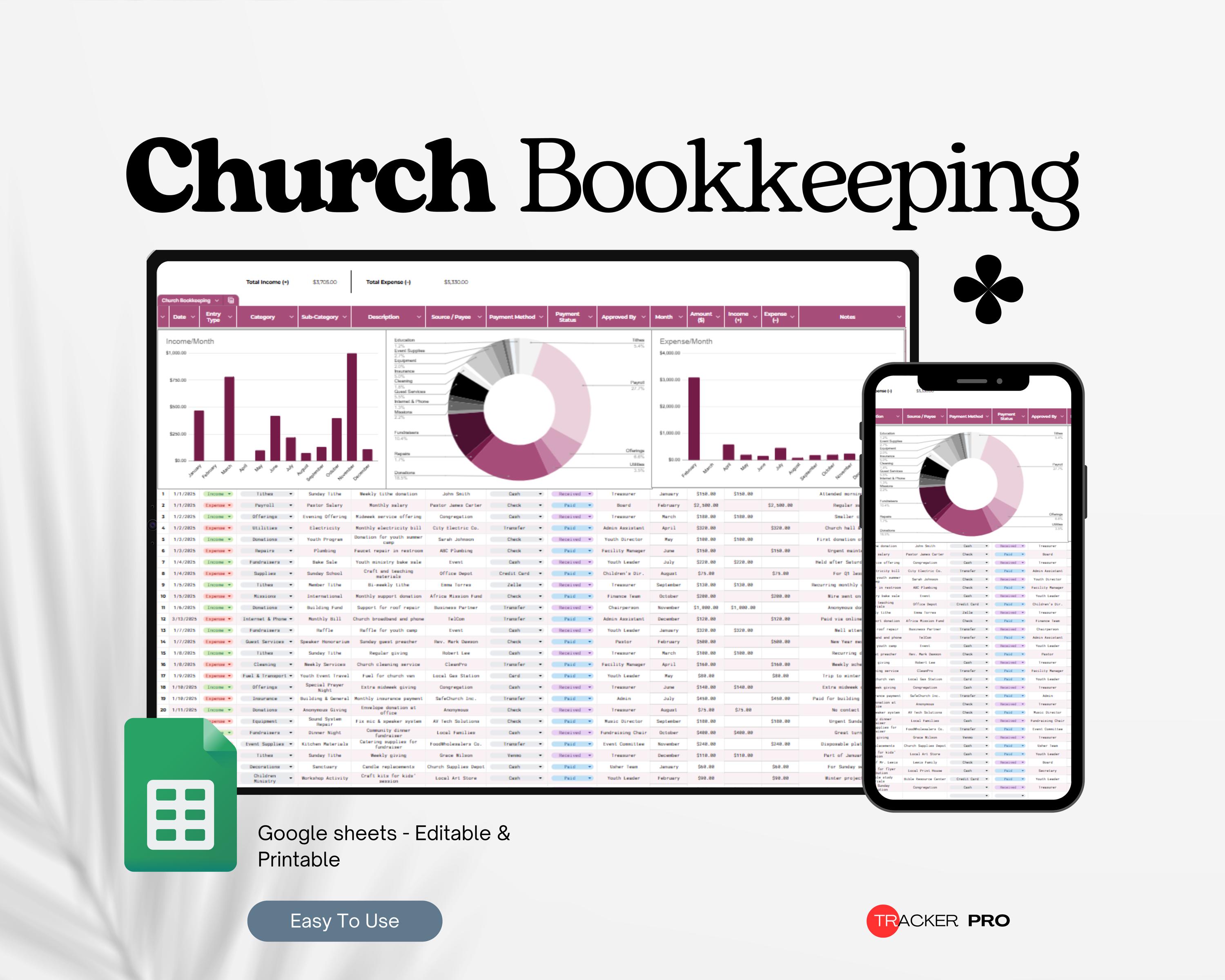 Church Roster Spreadsheet Church Bookkeeping Template Excel Spreadsheet, Church Accounting ...