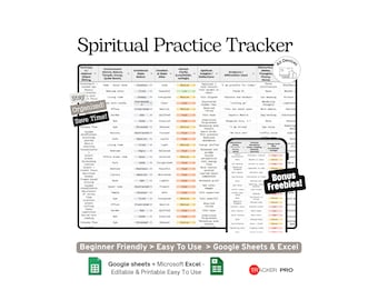 Plantilla de Google Sheets para registro de práctica espiritual personal (hoja de cálculo para seguimiento de meditación, oración, rituales y reflexión diaria) (editable en Excel)