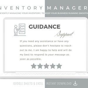May include: A laptop screen displaying a guidance page with a checklist icon and the text "GUIDANCE" and "Support". The text reads: "If you need any assistance or have any questions, please don't hesitate to reach out to me. I am happy to help and will do my best to respond to your message as soon as possible." Five stars are displayed below the text. The text "GOOGLE SHEETS & EXCEL INSTANT DOWNLOAD" is displayed below the laptop.