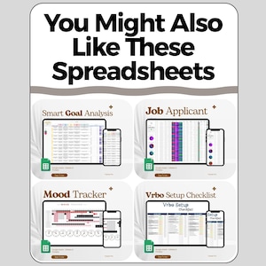 K&ouml;nnte beinhalten: Eine digitale Grafik zeigt vier Tabellenvorlagen: Smart Goal Analysis, Job Applicant, Mood Tracker und Vrbo Setup Checklist. Jede Vorlage wird auf einem Tablet und einem Smartphone angezeigt, mit dem Text "You Might Also Like These Spreadsheets" oben.