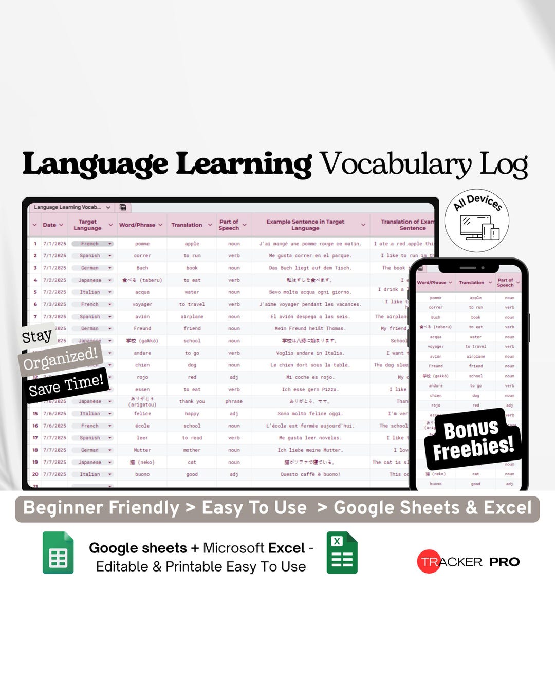 Language Learning Vocabulary Log Google Excel, New Word Tracker ...