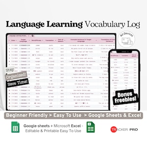 Language Learning Vocabulary Log Google Excel, New Word Tracker, Flashcard Study Sheet, Language Study Planner Google Sheets Template