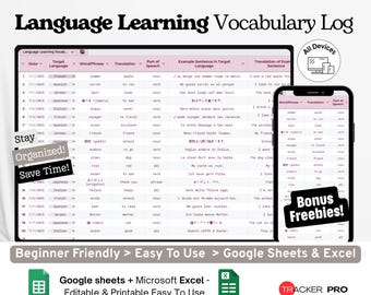Taalleerwoordenschatlogboek in Google Excel, nieuwe woorden bijhouden, flashcard-studieblad, taalstudieplanner in Google Sheets-sjabloon