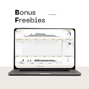 Puede incluir: Un port&aacute;til que muestra una hoja de c&aacute;lculo digital con visualizaciones de datos. La pantalla muestra gr&aacute;ficos y un rastreador de progreso. El texto "Bonus Freebies" est&aacute; en la parte superior de la imagen.