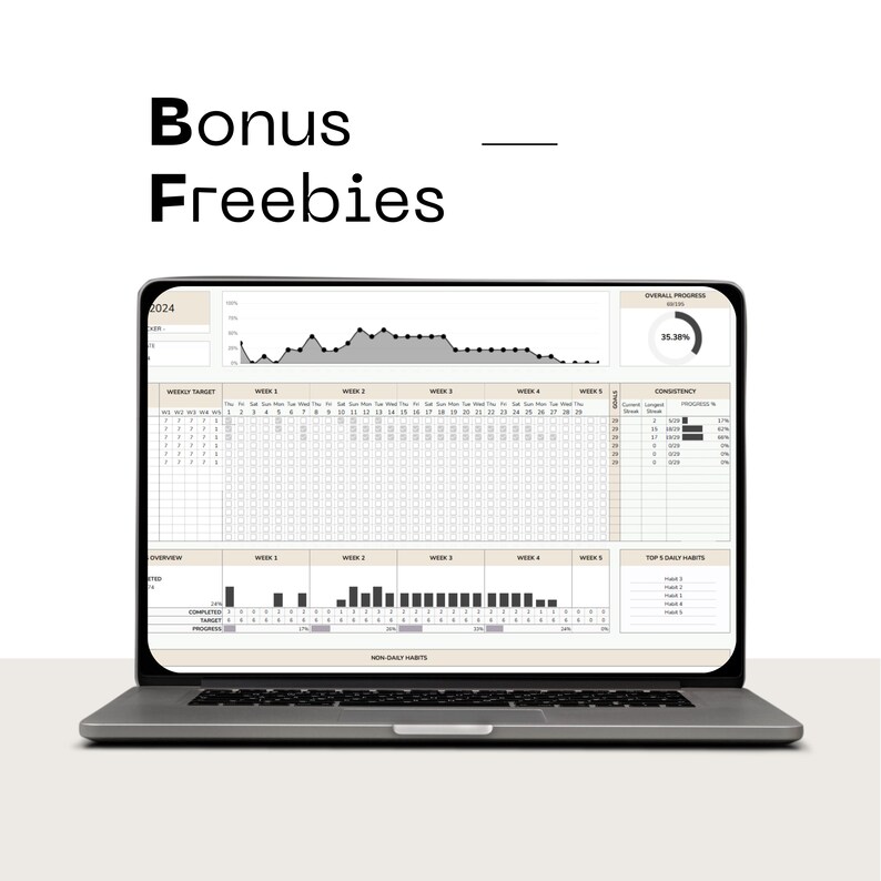 Puede incluir: Un port&aacute;til que muestra una hoja de c&aacute;lculo digital con visualizaciones de datos. La pantalla muestra gr&aacute;ficos y un rastreador de progreso. El texto "Bonus Freebies" est&aacute; en la parte superior de la imagen.