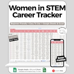 Könnte beinhalten: Ein digitaler Karriere-Tracker für Frauen in MINT, angezeigt auf einem Laptop und Smartphone. Die Tabelle ist mit "Beginner Friendly" und "Easy to Use" beschriftet. Das Bild enthält den Text "Stay Organized! Save Time!" und "Bonus Freebies!"