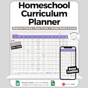 Puede incluir: Un planificador de currículo escolar en casa digital en formato de hoja de cálculo mostrado en una pantalla de portátil y smartphone. La interfaz presenta encabezados morados, filas blancas y etiquetas de texto que incluyen Beginner Friendly, Easy To Use, Google Sheets & Excel, Stay Organized, Save Time, All Devices y Bonus Freebies.
